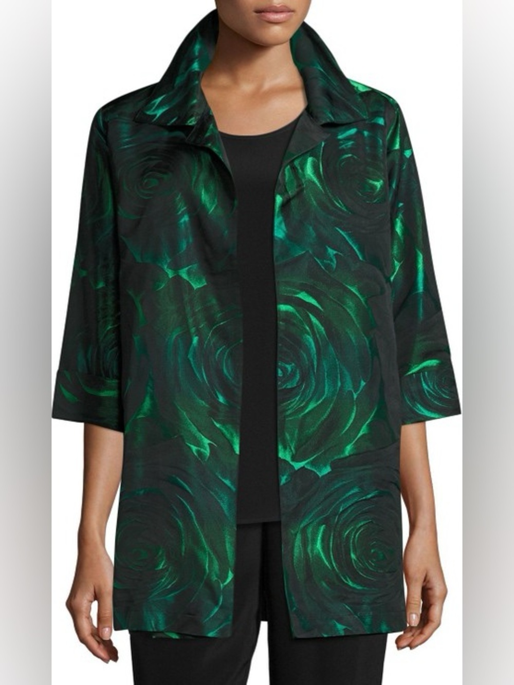 $528 3X Caroline Rose emerald green black night blooms jacket